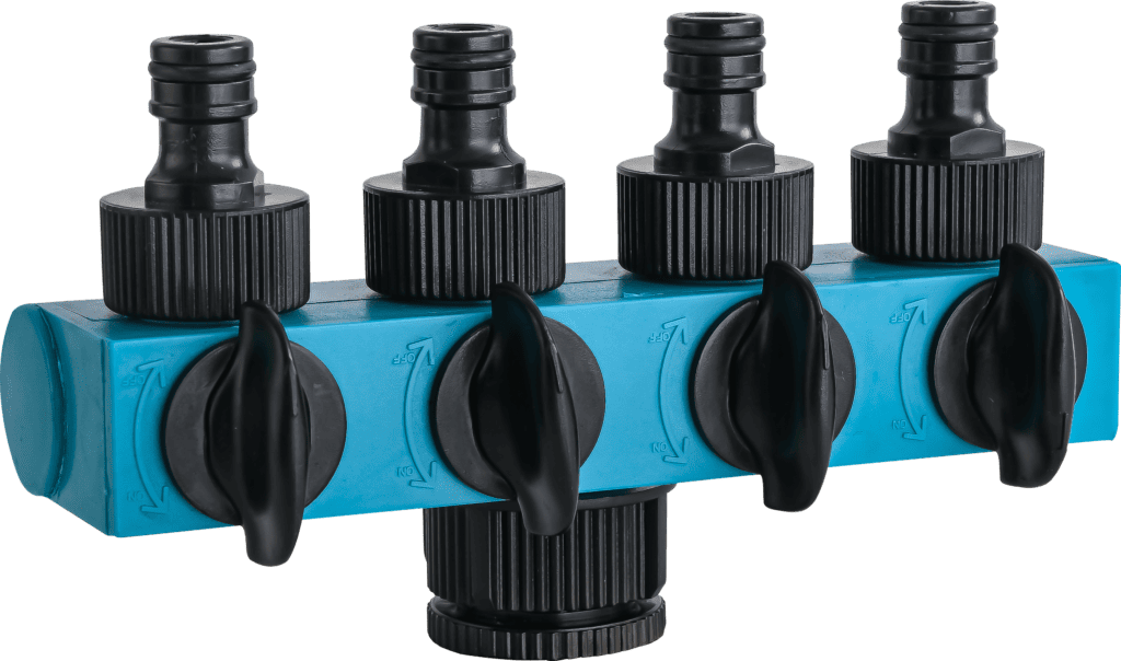 Plastic Four-Way Connector With Shut-Off Valve